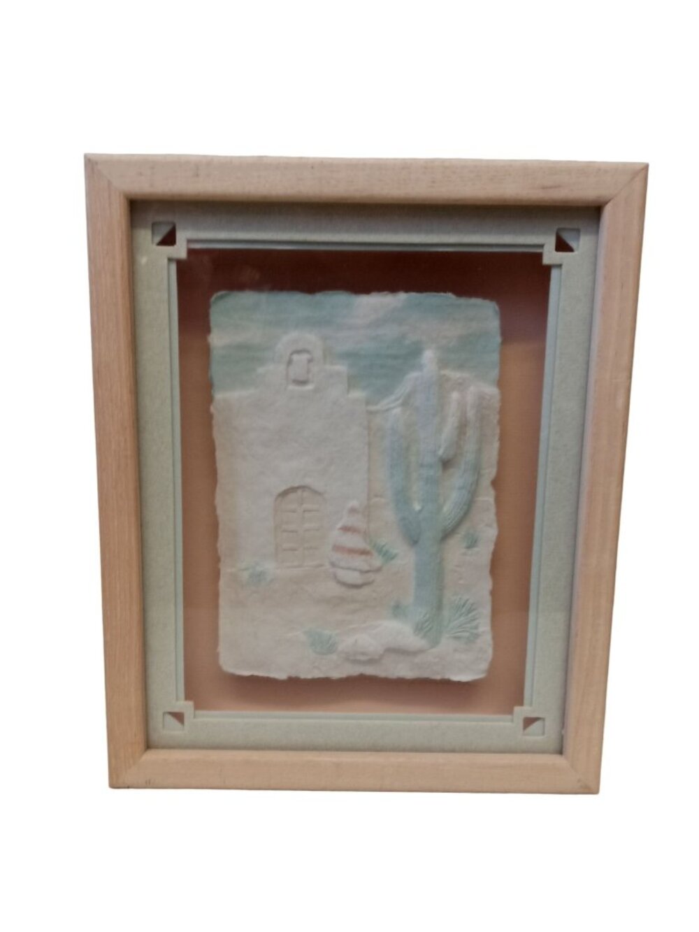 Vintage Southwest Cactus Wall Art Paper Mache Cast Framed Sculpture 1980s Pastel